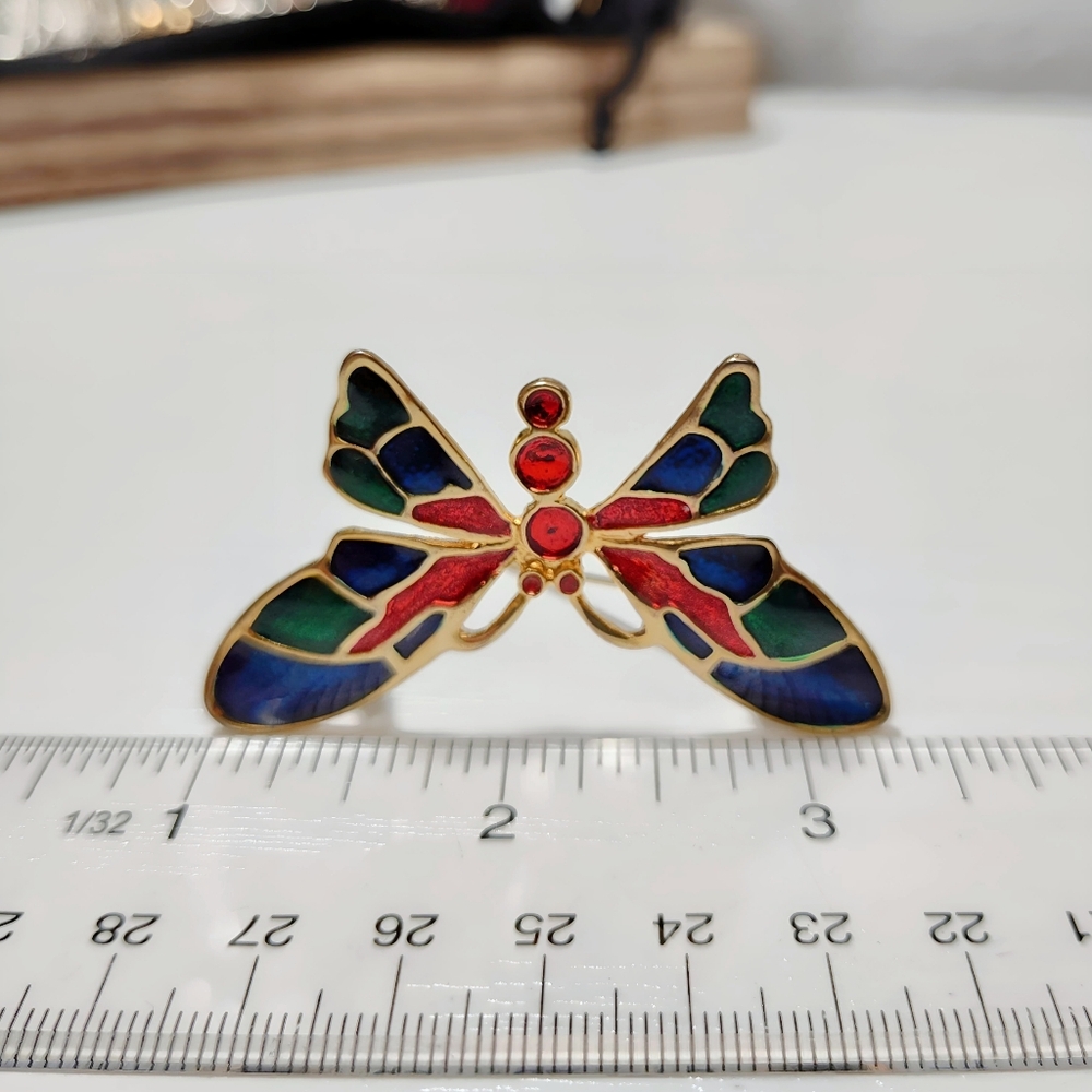 💎 2/$15 Gold tone Multi color Enamel Butterfly Brooch Pin Red Blue Green - Picture 4 of 6